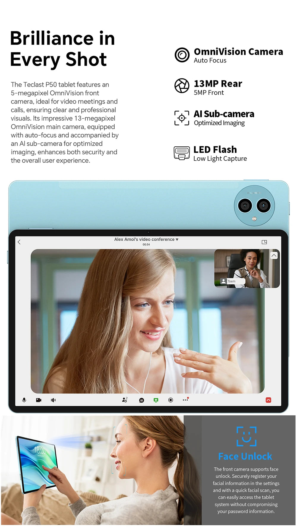 Teclast P50 Android 14 Tablet 11" IPS Max 14GB RAM 128GB ROM Unisoc T606 8-core 13MP Camera 8000mAh Type-C 4G LTE TÜV Rheinland.