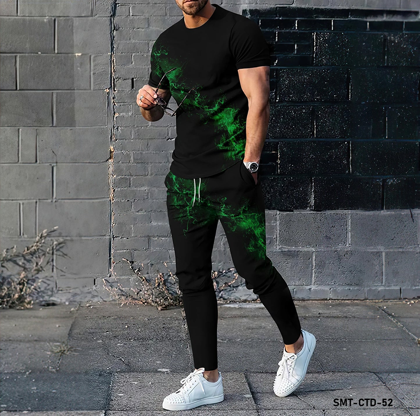 Fashion Dotted Graffiti Pattern3D Printing Long Pants Sportswear 2-piece Set Short Sleeved T-shirt+long Pants Cycling Fitnes Set.