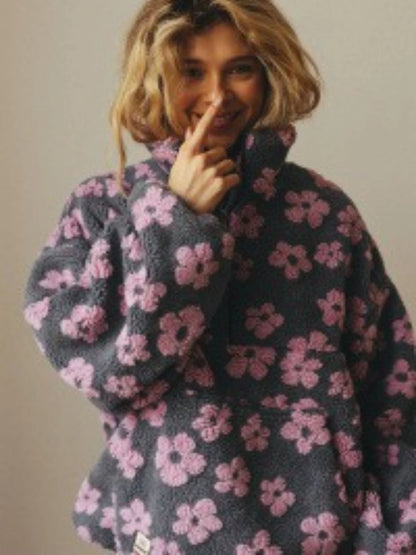 Sumuyoo Autumn Winter Women's Sherpa Floral Pullover Hoodies Half Zip Style Loose Fit Warm Stylish New Sweatshirt