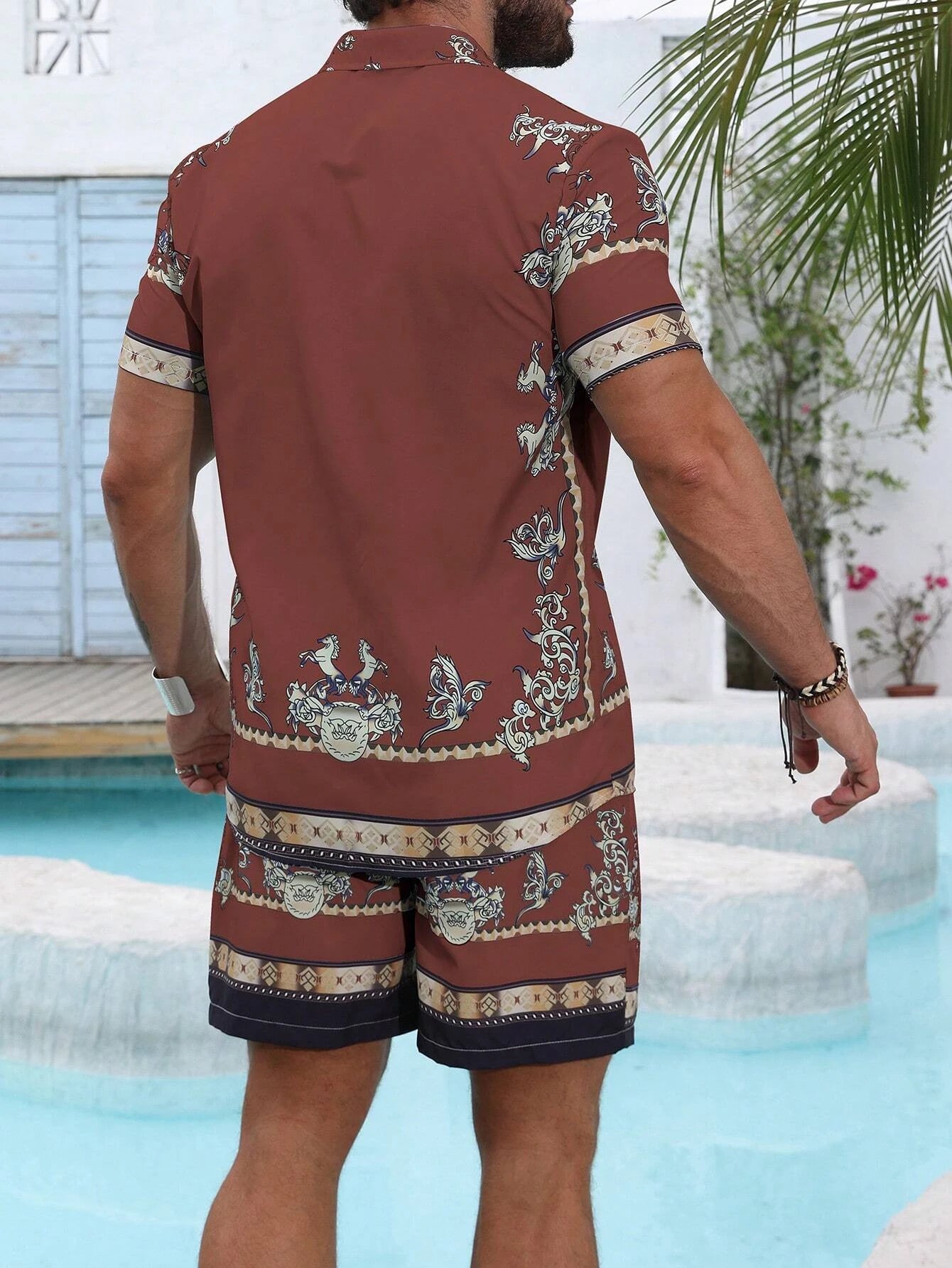 Baroque Luxury Printed Men's Shirt Shorts 2 Piece Set Summer Casual Shirt Hawaiian Beach Short-sleeved Men's Suits Clothing.