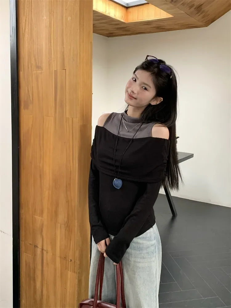 Retro American Shoulder Bared Long Sleeve T Shirt Women Spring Autumn Spicy Girl Fake Two Piece Base Shirt High Collar Polyester.