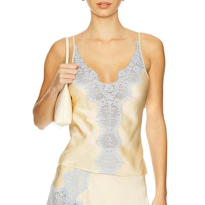 Elegant Sleeveless V Neck Vest High Waist A Line Skirt Fashion Lace Patchwork Skirt Set for Women Lady 2 Pcs Outfits Streetwear.