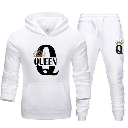 2024 New Autumn and Winter Men's and Women's Sweater Set KING QUEEN Loose Relaxed Hooded Print Couple Set.