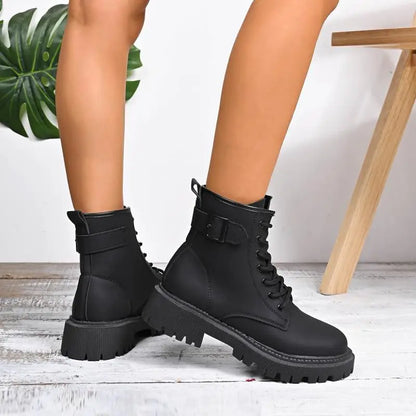 Chunky Platform Thick Heel Pink Ankle Boots Women 2025 Winter Punk Thick Bottom Lace Up Motorcycle Boots Metal Buckle Booties