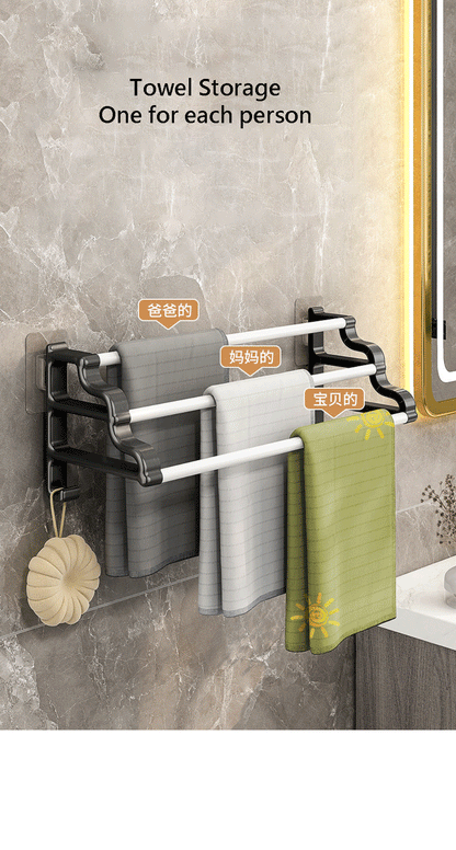 Handtuchhalter mit drei Stangen, selbstklebender, stanzfreier Handtuchhalter mit Haken, platzsparender Handtuch-Aufbewahrungsregal für Badezimmer