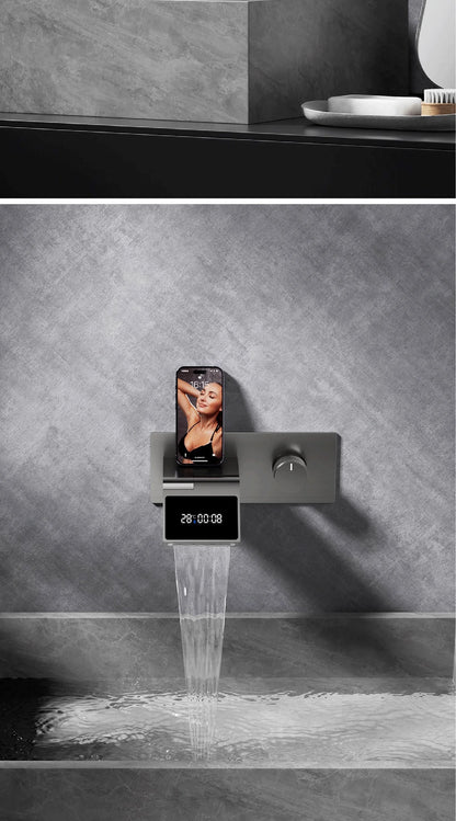 Luxury gun gray brass wall mounted bathroom faucet with LED digital display Single handle hot & cold water embedded bathroom Tap