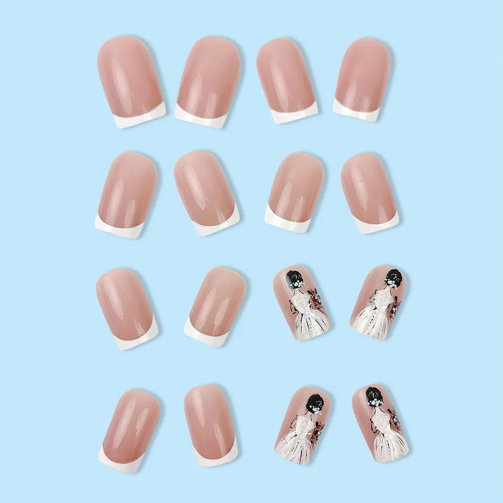 24pcs/set short square fake nails for women cute bride heart white french tips faux ongles y2k press on false nail supplies.