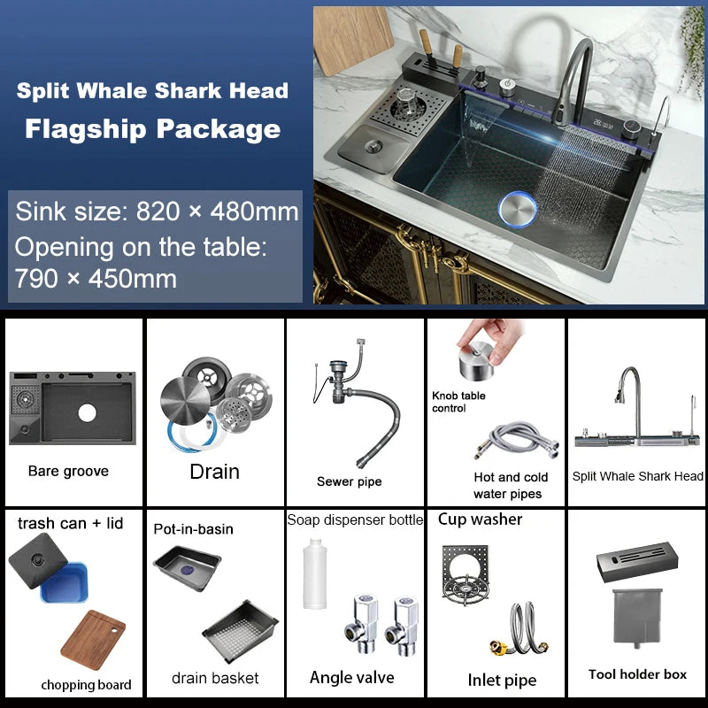 Stainless Steel Waterfall Kitchen Sink With Knife Holder Cup Wash Embossed Extra Large Single Sink Farmhouse Washbasin