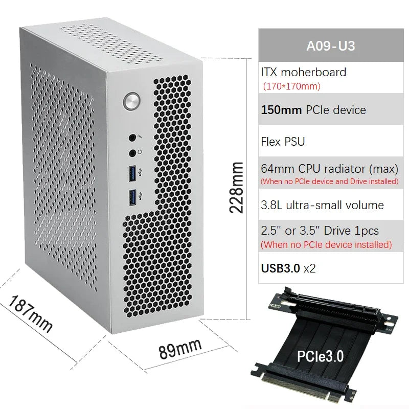 A09 3.8L ITX Chassis A4 HTPC Portable Computer PC Support PCIe 2.5' SSD Drive Mini IPC Flex PSU Case