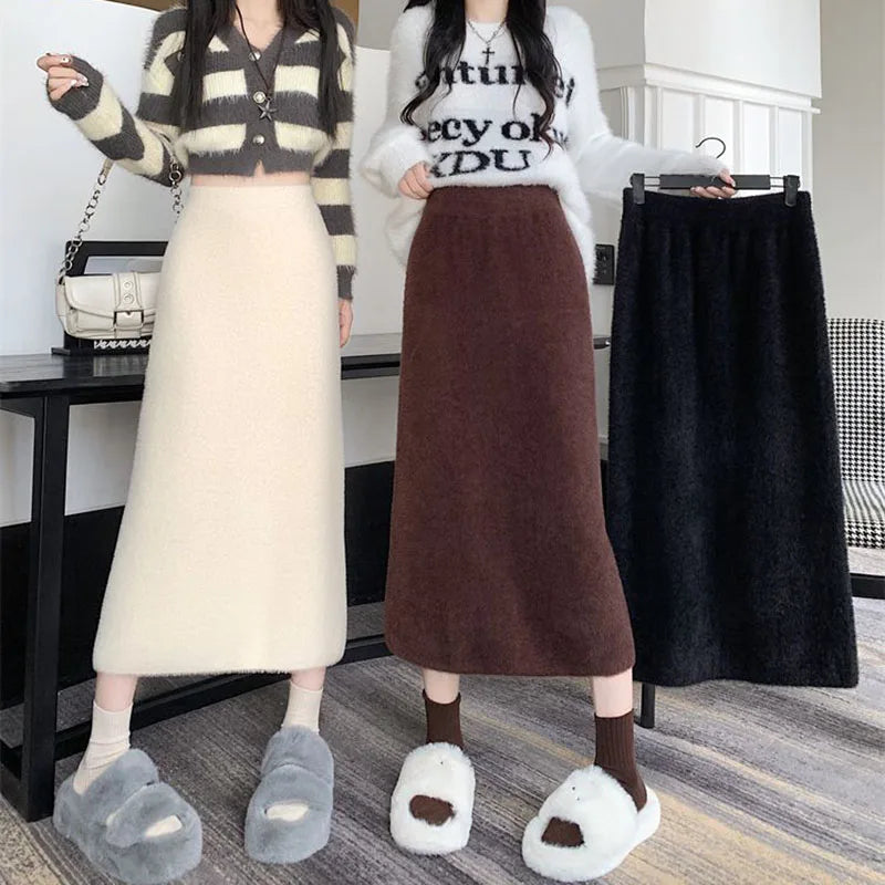Korean Imitation Mink Plush Knitted Skirts Women Autumn Winter Thick Soft Split Pencil Skirts Elegant High Waist Bodycon Skirt.