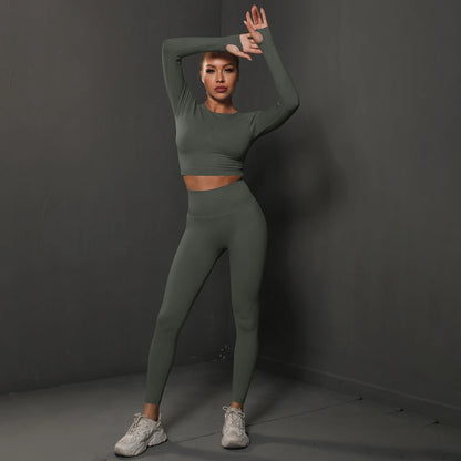 2Pcs Women Sets Energy Seamless Gym Suits Bubble Butt Sports Pants+Long Sleeve Shirts Push Up Running Sets Tracksuits Tights Set.