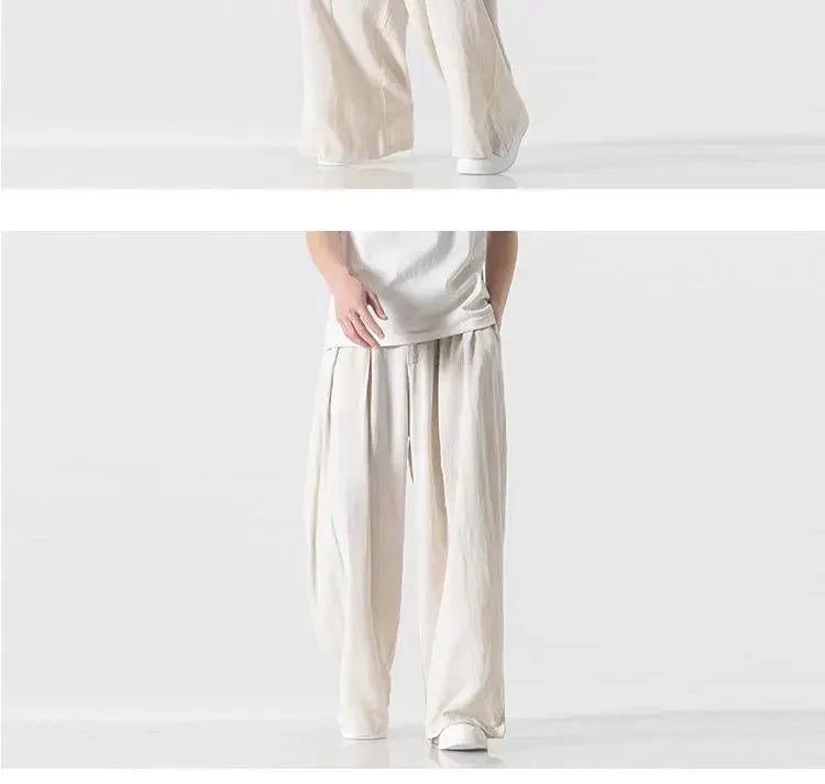 Hanfu Spirit Draped Linen Pants For Men Straight-leg Casual Trousers Chinese Style Loose-fit Ancient Wide-leg Song Trousers.