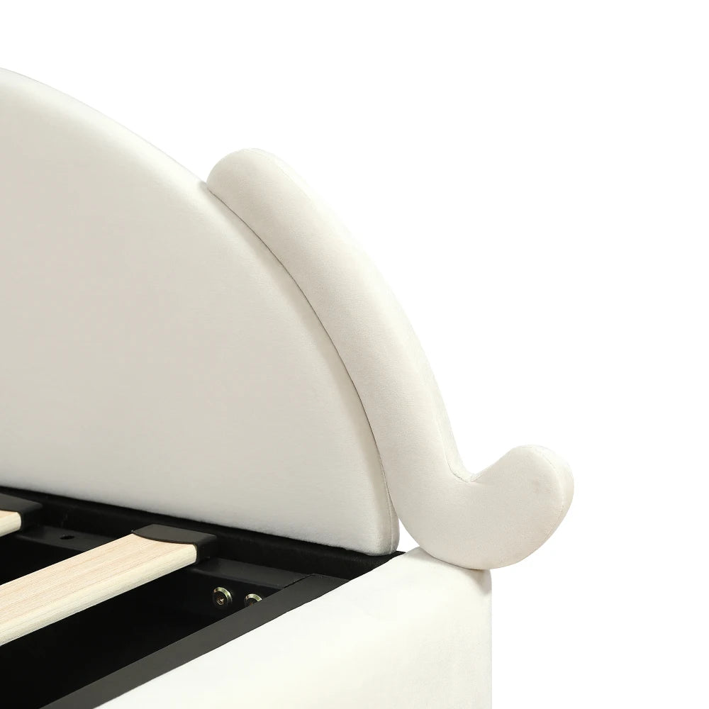 Polsterbett, Einzelbett, süßes Katzendesign, hydraulisches Bett mit Stauraum und Gürtelgriffen, stabiler Gitterrost, 90 x 200 cm