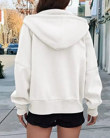 New Solid Color Zipper Splicing Hooded Coat, Women's Autumn Leisure Loose Sports Hooded Long Sleeve Coat Sweatshirt.