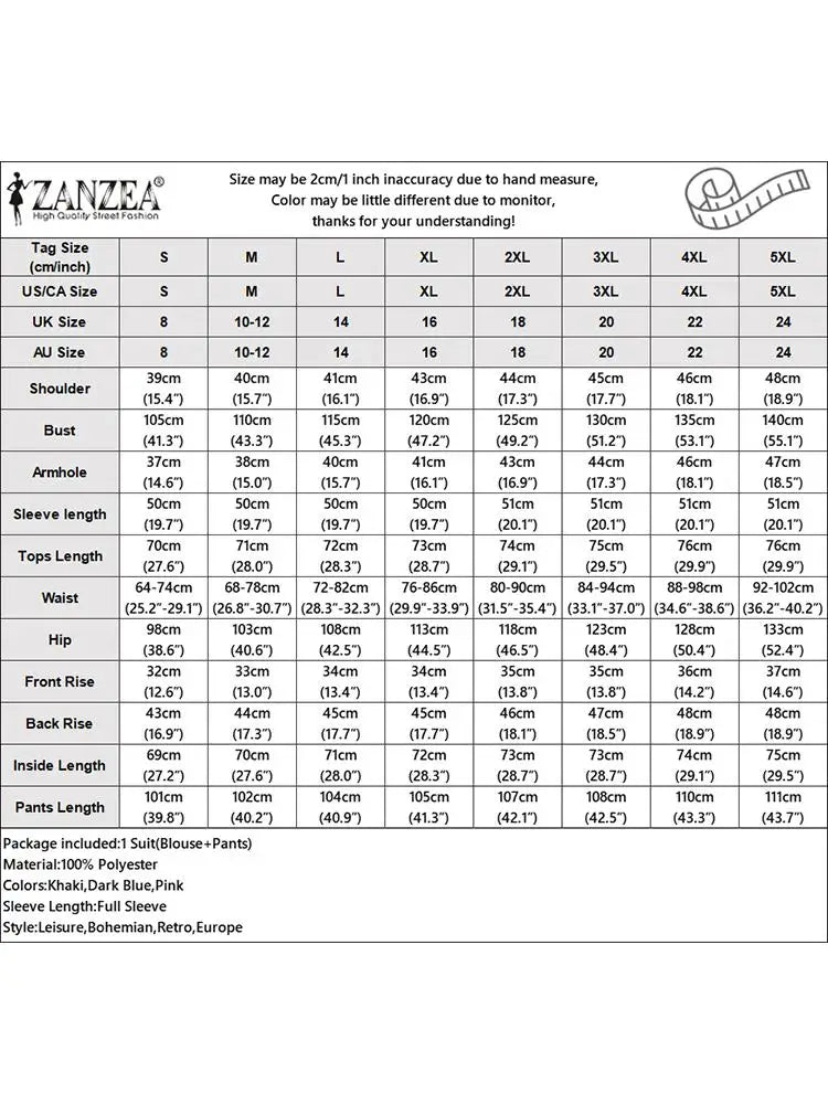 ZANZEA Fashion Women Casual Trousers Suits 2PCS Autumn Long Sleeve Blouse Solid Wide Leg Pants Sets Loose Work Tracksuit Outifit.