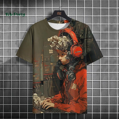 Japanese Men's T-Shirt 3D Cyber Mechanical Pattern Short Sleeve T-Shirt Oversized Harajuku Top Summer Men's Street Casual Tshirt.