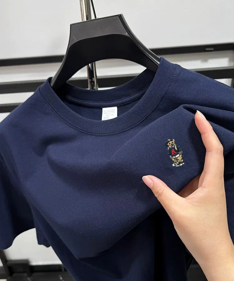 Light luxury 100% cotton men's T-shirt short sleeve round neck skin friendly comfort fashion brand cartoon bear embroidered top