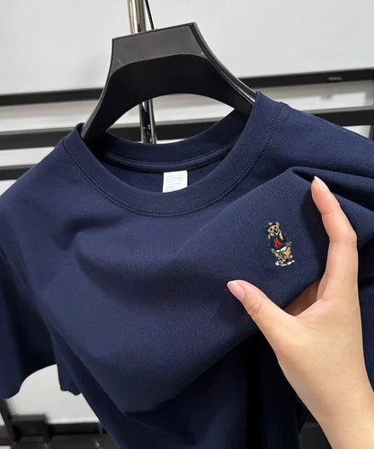 Light luxury 100% cotton men's T-shirt short sleeve round neck skin friendly comfort fashion brand cartoon bear embroidered top