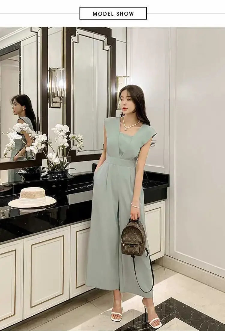 Slimming High Waist Wide Leg Pants Korean Style Fashionable Women's One-Piece Jumpsuit Summer New Arrival Simple Elegant.