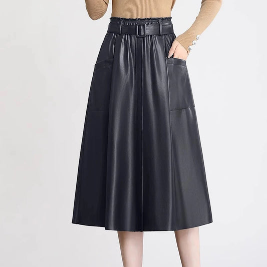 S-5XL New Women Plus Size Leather Skirt Spring Autumn Fashion Stretch Waist A-Line Loose Long Skirt Split Leather Sheepskin.