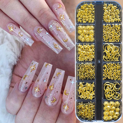 12Grids Moon Star Nails Gold Metallic Nail Sequins Charms 3D Nail Art Tips Decoration  3D Metal Moon Star Sun Bead Rivet Nail Je.