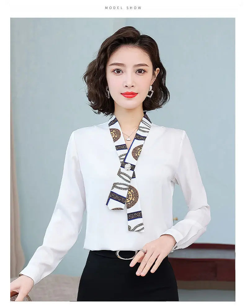 Women's fashionable streamer tops fashionable and elegant small fragrance style covering the belly satin shirt.