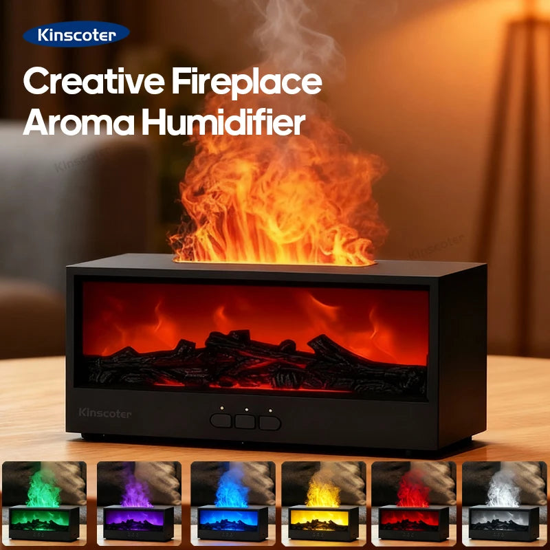 Simulated Fireplace Aroma Diffuser Essential Oil Flame Air Humidifier Remote Control Colorful Ambiance Night Light Creative Gift.