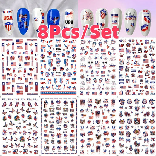 8Pcs/Set 3D USA Independence Day Nail Stickers America Flags Design Self-Adhesive Nail Art Decals DIY Manicure Decor Sliders &#.