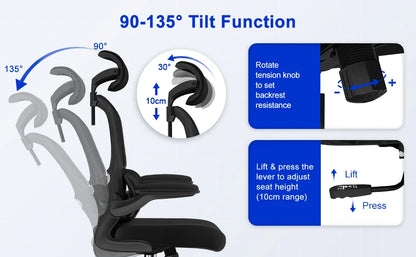 AUTHMIC Ergonomischer Bürostuhl -135 °   Liege- und höhenverstellbarer Sitz, klappbare Armlehnen, verstellbare Kopfstütze, Heimbürostuhl