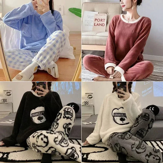 2 Teile/satz Verdickte Warme Flanell Plus Größe frauen Pyjamas Tops und Hosen Nachtwäsche Homewear Winter Cartoon Bär Nachtwäsche