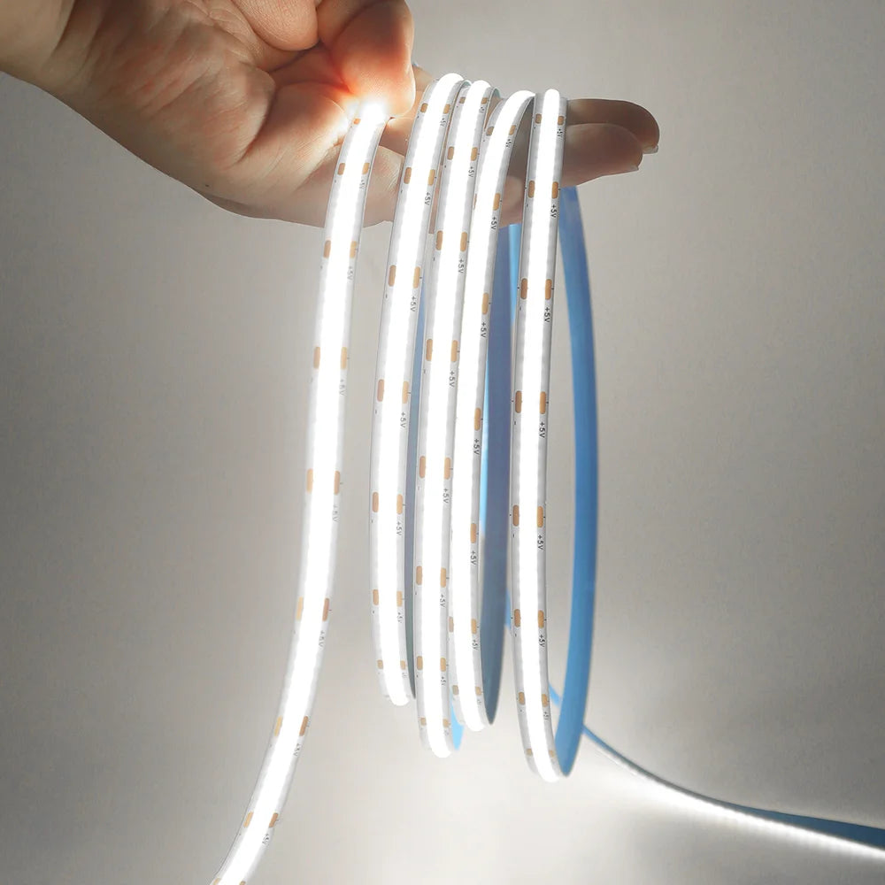 5 V USB-COB-LED-Streifen mit 2-poligem DC-Stecker, 3000 K, 4000 K, 6000 K, 320 LEDs, flexibles Band, lineare Beleuchtung mit hoher Dichte.