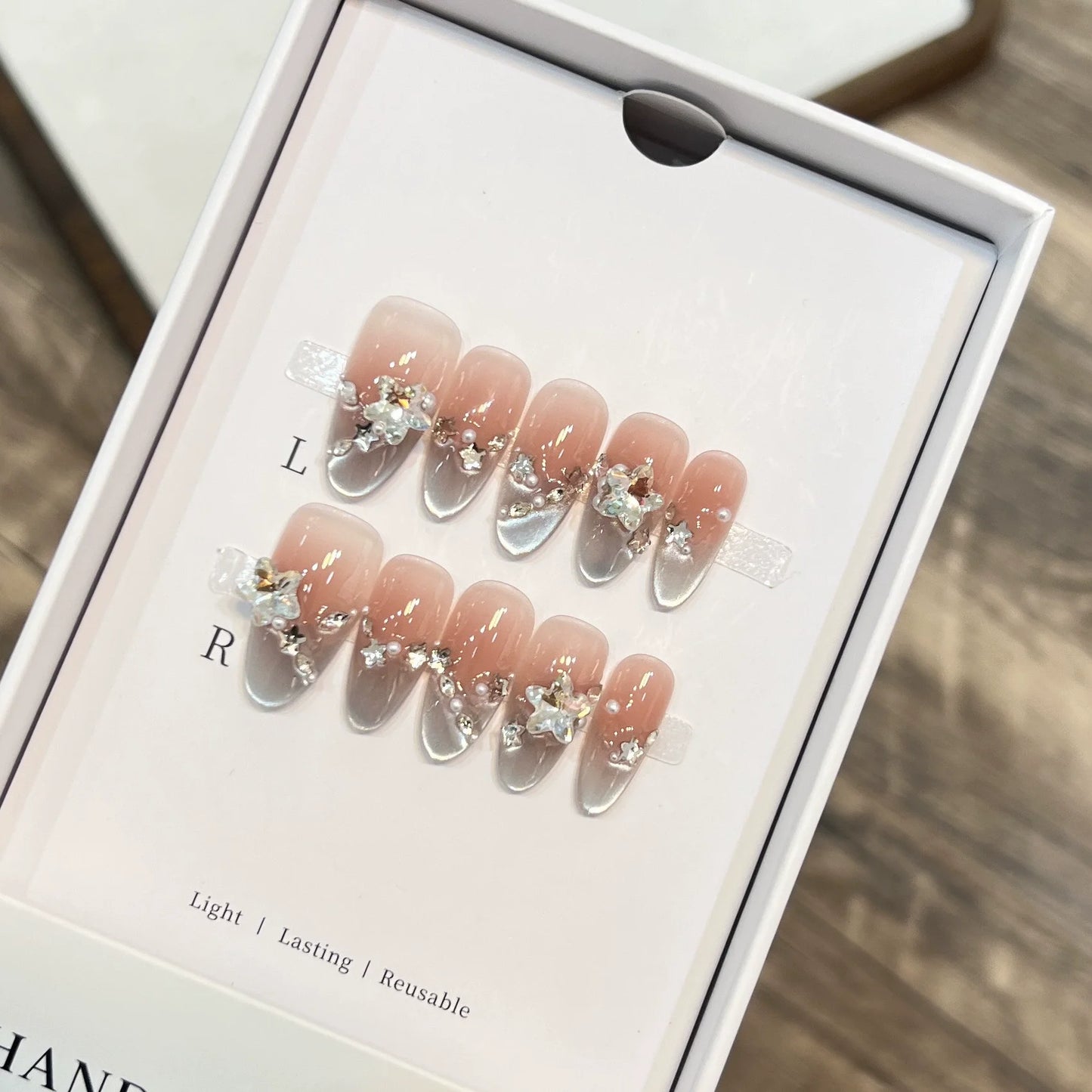 10pc Cat Eye Almond Handmade Press on Nails Light Blue Bow Fake Nails False Nails Artificial Nail Wearable Nail Tips Art Uñas