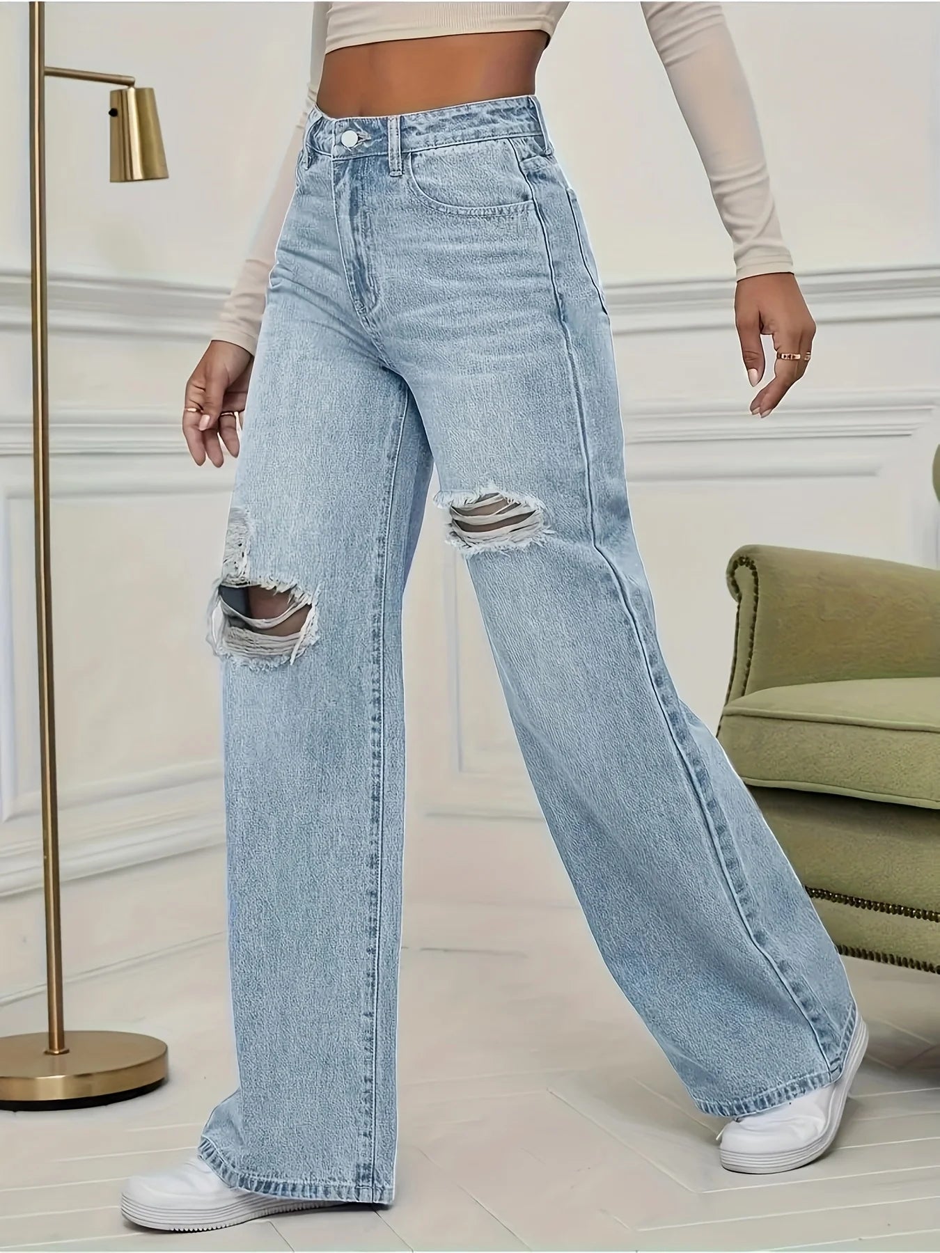 Plus size women's jeans fashion stretch ripped trousers j classic five-pocket cut jeans.