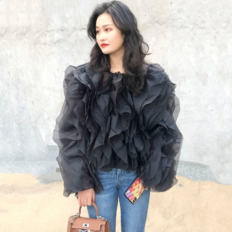 TWOTWINSTYLE Elegant Patchwork Ruffles Chiffon Blouses Women O Neck Lantern Long Sleeve Loose Shirt Female Clothing Fashion.