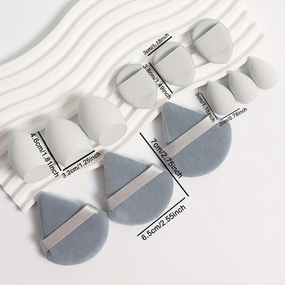 12-Piece All-Purpose Makeup Sponge Set, Made of 3 Loose Powder Puffs, 3 Mini Air Cushion Puffs, 3 Beauty Eggs and 3 Mini Beauty.