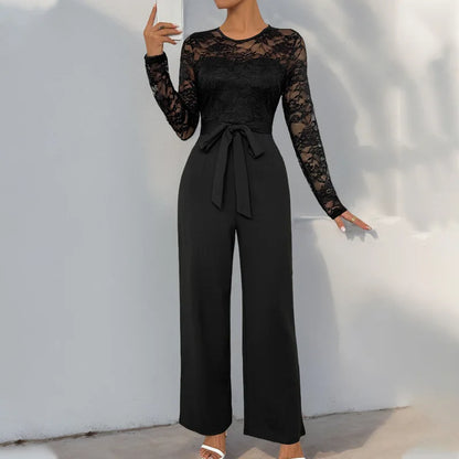 Spring New Women's Sexy Lace Spliced Long Jumpsuit Fashion Solid Color Hollow Long Sleeve Casual Laces Wide Leg Jumpsuit Women.