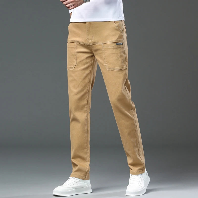 Spring and Autumn Men's Multi-Pocket Design Jeans Fashionable and Versatile White Khaki Red Comfortable Stretch Denim Pants.
