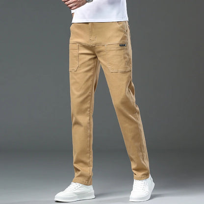Spring and Autumn Men's Multi-Pocket Design Jeans Fashionable and Versatile White Khaki Red Comfortable Stretch Denim Pants.