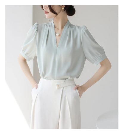 2025 Fashion Summer Short Sleeve V-Neck Women Blouse White Blouse Shirt Women Tops Blouses Shirts Blusas De Mujer Camisas P856