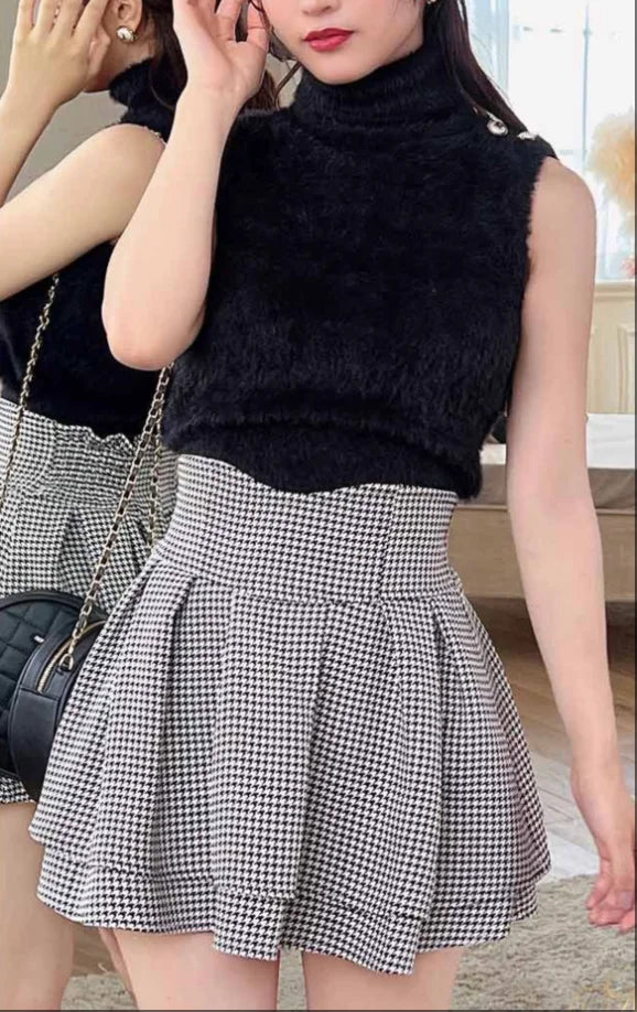 Japanese Lolita Skirts Ruffled Pleated Plaid Skirt Women 2025 Spring New Elastic High Waist Slimming Gentle Mini Skirt Culottes.