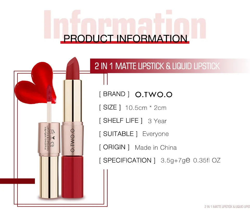 O.TWO.O 2 IN 1 Matte Lipstick&Liquid Lipstick 12 Colors Makeup Lip Glaze Waterproof Batom Lip Cosmetics Silky Texture.