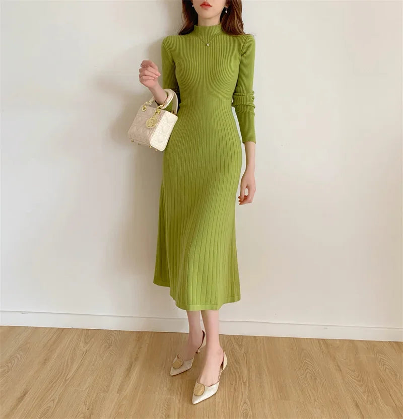 Herbst Winter 2023 Schlank Langarm Party Midi Kleid für Frauen Gestrickte Halb Hohen Kragen Elegante Gestrickte Pullover Kleider Damen.