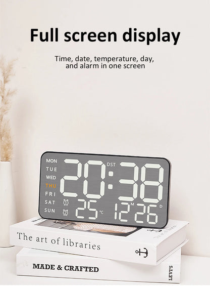 Wanduhr mit Spiegel-Bürsten-Finish, Premium-Gefühl, geräuschlos, Wanduhr, Tischwecker, Temperaturanzeige, Schlafzimmer, Büro, Wohnzimmer, Dekoration