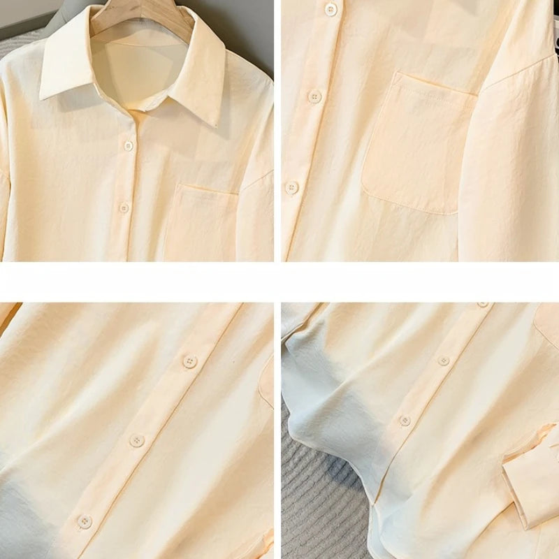 Plus Size Women's Blouses 2025 Spring Autumn Simple Lady Shirts Long Sleeve Big Pockets Shirt Loose Casual Tops.