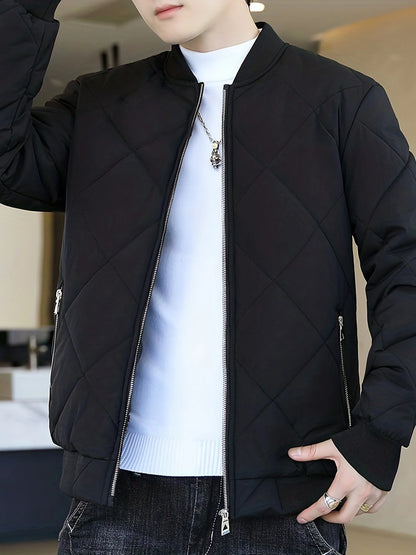 Solid Color Sherpa Jacket, Men's Casual Fleece Lined Baseball Regular Fit College Hipster Windbreaker.