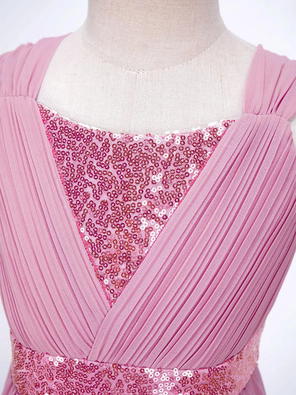 Kinder Blumenmädchenkleid Ärmellos Pailletten Hi-Low-Saum Abendkleid Elegantes Chiffon Prinzessin Geburtstag Formales Hochzeitskleid