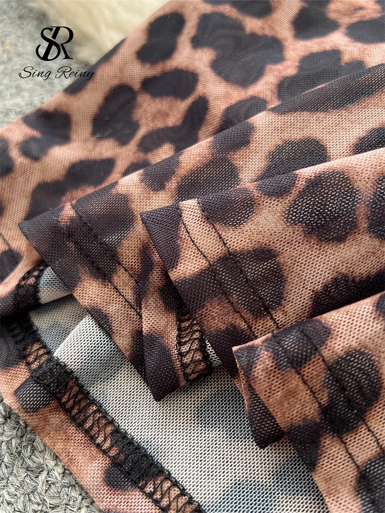 SINGREINY Sexy Party Langes Kleid Spaghettiträger Korsett Schlanke Spitze Patchwork Geraffte Mesh Rückenfrei 2025, Leopardenmuster Maxi-Sommerkleid.