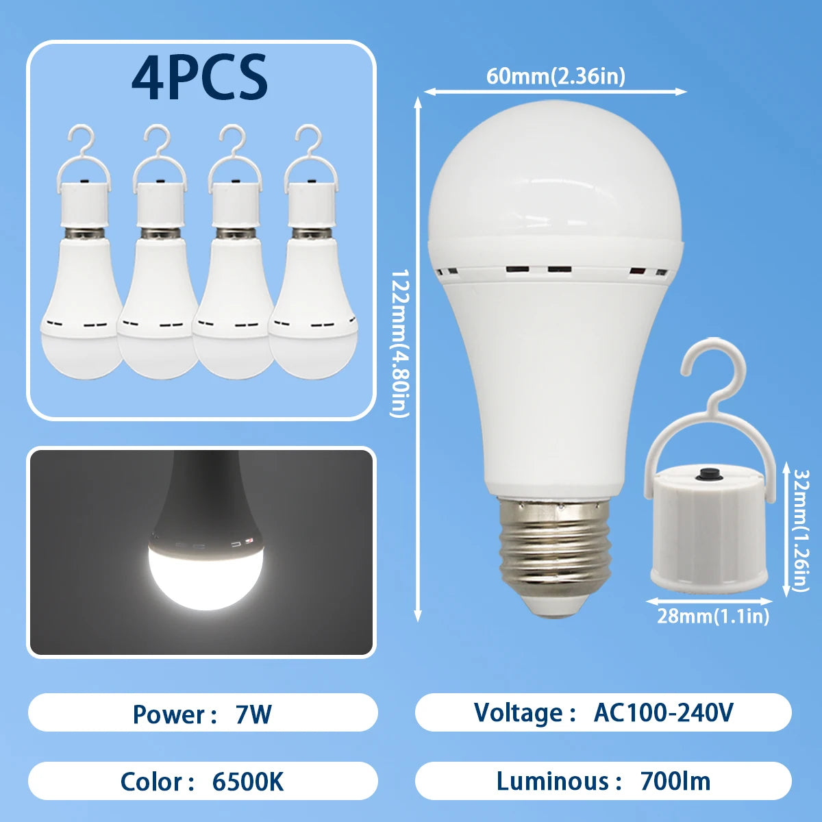 LED-Notfalllampe, wiederaufladbare Glühbirne, 7 W, E27, 110 V, 220 V, tragbar, zum Aufhängen, 3-Wege-Campinglampe, Zelt, Zuhause, Stromausfall, Veranda
