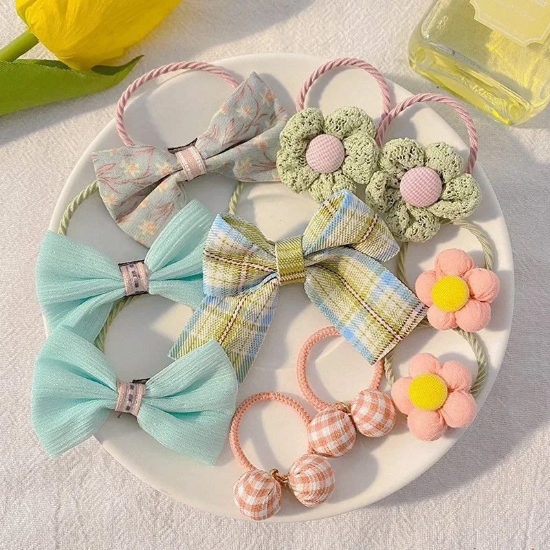 Kawaii Flower Bow Scrunchies Set Children Gift Girls Elastic Hair Rubber Bands Accessories Tie Hair Ring Rope Headdress Headwear.