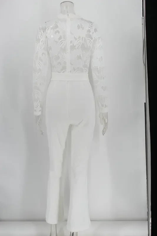 White Lace Jumpsuit Women Sexy V Neck Lace-up Stitching Long Sleeve Wide Leg Long Pants Office Lady Romper Overalls Jumpsuits.